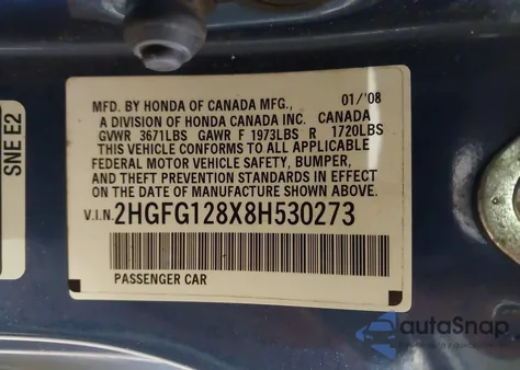 2008 Honda Civic Ex из США, поврежденный, VIN 2HGFG128X8H530273